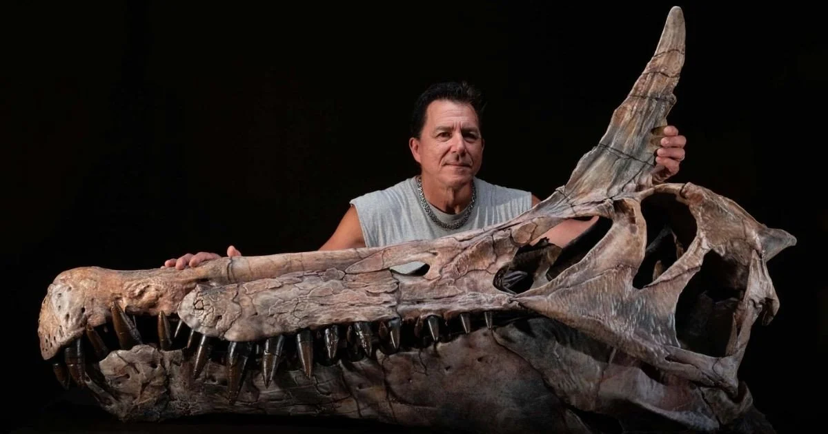 Палеонтолог Пол Серено з реконструйованим черепом Spinosaurus mirabilis. Фото: Кіт Ладзінскі/Чиказький університет