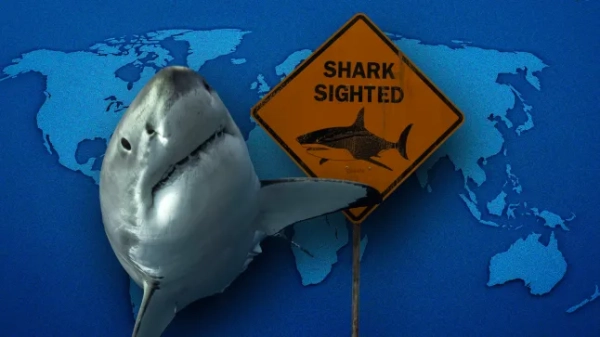 Акула над зображенням карти світу