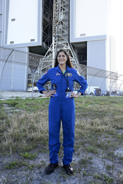 Sunita Williams poses in front of the Vehicle Assembly Building as NASA's first Space Launch System rocket and Orion spacecraft begin to roll toward Launch Complex 39B on March 17, 2022. The astronaut turns 60 on September 19. File Photo by Joe Marino/UPI