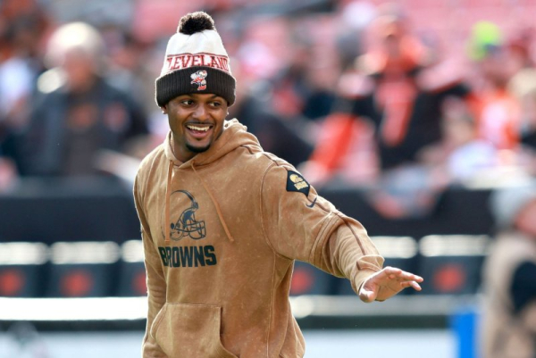Cleveland Browns quarterback Deshaun Watson has a laugh as he prepares for his game against the Arizona Cardinals in Cleveland on November 5, 2023. The NFL player turns 30 on September 14. File Photo by Aaron Josefczyk/UPI