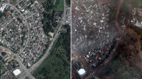 Комбіноване зображення показує супутниковий знімок річки Барнетт вздовж затоки Монтего до того, як ураган Мелісса обрушився на берег Ямайки 24 вересня 2025 року (угорі) та супутниковий знімок річки Барнетт вздовж затоки Монтего після урагану Мелісса на Ямайці 29 жовтня 2025 року (внизу). Супутниковий знімок ??2025 Vantor/Handout via REUTERS. ЦЕ ЗОБРАЖЕННЯ НАДАНО ТРЕТІЄЮ СТОРОНОЮ. ПЕРЕПРОДАЖ ЗАБОРОНЕНО. АРХІВИ ЗАБОРОНЕНІ. ОБОВ'ЯЗКОВЕ ВКАЗІВКА АВТОРА. НЕ ЗАКРОВУВАТИ ЛОГОТИП.