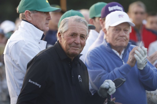 Honorary starter Gary Player joins Jack Nicklaus and Tom Watson to officially open the 2025 Masters golf tournament at Augusta National Golf Club in Augusta, Ga., on April 10. The golfer turns 90 on November 1. File Photo by Tannen Maury/UPI