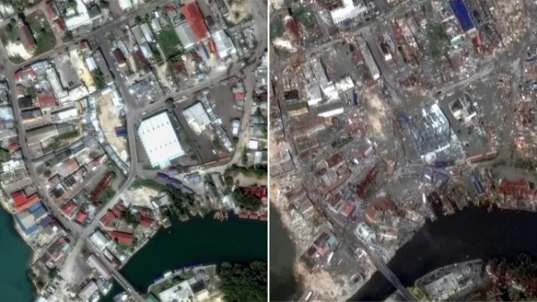 (КОМБІНАЦІЯ) Це поєднання знімків, створених 29 жовтня 2025 року, показує (угорі) цей роздатковий супутниковий знімок Vantor, зроблений 9 лютого 2025 року, показує огляд Блек-Рівер, Ямайка, до урагану Мелісса, та (внизу) цей роздатковий супутниковий знімок Vantor, зроблений 29 жовтня 2025 року, показує огляд Блек-Рівер, Ямайка, після урагану Мелісса. Ураган Мелісса приніс Ямайці небачений раніше рівень руйнувань, повідомив 29 жовтня 2025 року координатор-резидент ООН у країні. Кубинці пробиралися затопленими, заваленими уламками вулицями, коли ураган Мелісса пронісся через Карибський басейн, залишивши 30 загиблих або зниклих безвісти на Гаїті та спустошив деякі райони Ямайки. (Фото: Супутникове зображення ??2025 Вантор / AFP) / ВИКОРИСТАННЯ ОБМЕЖЕНО ДЛЯ РЕДАКЦІЙНИХ ЦІЛЬОВИХ ЦІН - ОБОВ'ЯЗКОВЕ ВКАЗІВКА 