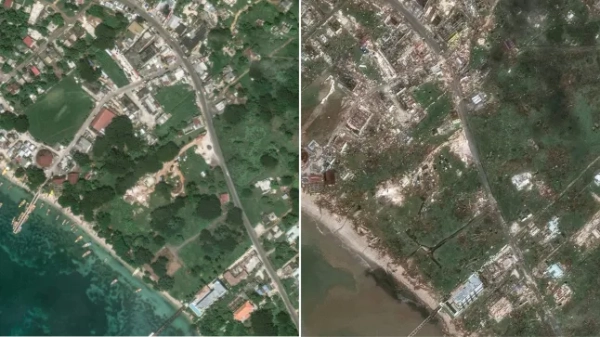 (КОМБІНАЦІЯ) Це поєднання знімків, створених 29 жовтня 2025 року, показує (угорі) цей роздатковий супутниковий знімок Vantor, зроблений 7 жовтня 2025 року, показує огляд рибальського села в Білому домі, Ямайка, до урагану Мелісса, та (внизу) цей роздатковий супутниковий знімок Vantor, зроблений 29 жовтня 2025 року, показує огляд рибальського села в Білому домі, Ямайка, після урагану Мелісса. Ураган Мелісса приніс Ямайці небачений раніше рівень руйнувань, повідомив 29 жовтня 2025 року координатор-резидент ООН у країні. Кубинці пробиралися затопленими, заваленими уламками вулицями, коли ураган Мелісса пронісся через Карибський басейн, залишивши 30 загиблих або зниклих безвісти на Гаїті та спустошивши великі території Ямайки. (Фото супутникового знімка ??2025 Вантор / AFP) / ОБМЕЖЕНО ДЛЯ РЕДАКЦІЙНОГО ВИКОРИСТАННЯ - ОБОВ'ЯЗКОВЕ ВКАЗІВКА 