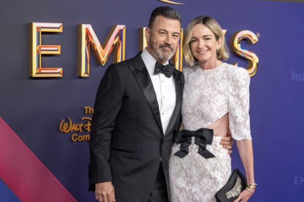 Jimmy Kimmel (L) and Molly McNearney attend the 76th annual Primetime Emmy Awards in 2024. Kimmel paid tribute to his longtime friend and bandleader Cleto Escobedo III, on 