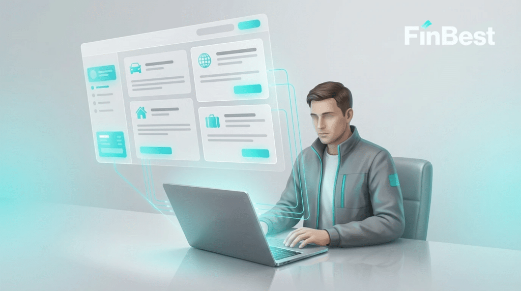 Сучасний водій оформлює страховку КАСКО онлайн на маркетплейсі FinBest: на екрані ноутбука — цифровий інтерфейс з пропозиціями автострахування, що підкреслює зручність дистанційного оформлення полісів у 2026 році.