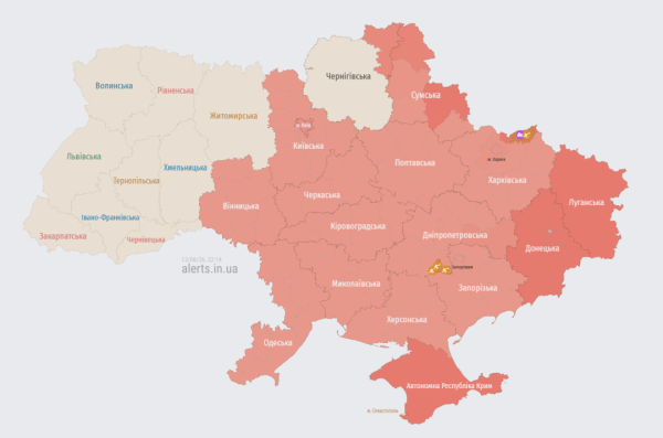 Актуальна мапа повітрянихтривог станом на 22:14 / Джерело: https://alerts.in.ua/ Актуальна мапа повітрянихтривог станом на 22:14 / Джерело: https://alerts.in.ua/