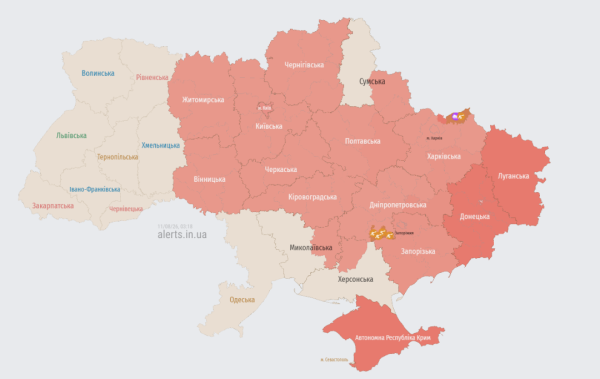 Актуальна мапа повітряних тривог станом на 03:18 / Джерело: https://alerts.in.ua/ Актуальна мапа повітряних тривог станом на 03:18 / Джерело: https://alerts.in.ua/