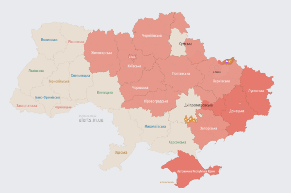 Актуальна мапа повітряних тривог станом на 00:22 / Джерело: https://alerts.in.ua/ Актуальна мапа повітряних тривог станом на 00:22 / Джерело: https://alerts.in.ua/