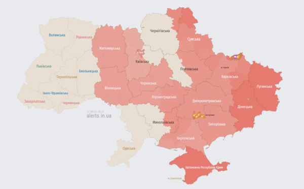 Актуальна мапа повітряних тривог станом на 00:27 / Джерело: https://alerts.in.ua/ Актуальна мапа повітряних тривог станом на 00:27 / Джерело: https://alerts.in.ua/