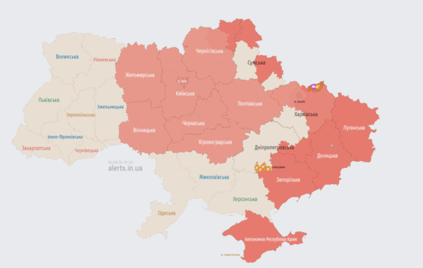 Актуальна мапа повітряних тривог станом на 01:34 / Джерело: https://alerts.in.ua/ Актуальна мапа повітряних тривог станом на 01:34 / Джерело: https://alerts.in.ua/