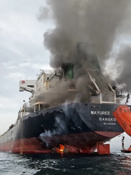 На фотографії, опублікованій Королівськими ВМС Таїланду, видно, як тайський корабель Mayuree Naree горить після удару іранського безпілотного корабля в Ормузькій протоці в середу, 11 березня 2026 року. Снаряд влучив у тайський суховантаж біля узбережжя Оману в Ормузькій протоці, підпаливши його. За даними Таїланду, влада розшукує трьох зниклих безвісти членів екіпажу Mayuree Naree після того, як 20 з них були врятовані ВМС Оману. Фото: EPN/Newscom / Avalon