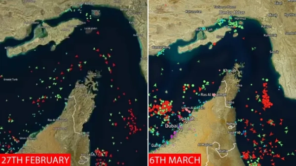 Супутникове зображення Ормузької страті та морського судноплавства.