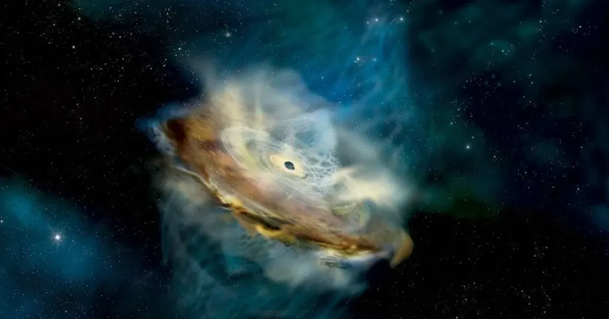 Художнє зображення закрученої корони над акреційним диском чорної діри Художнє зображення закрученої корони над акреційним диском чорної діри