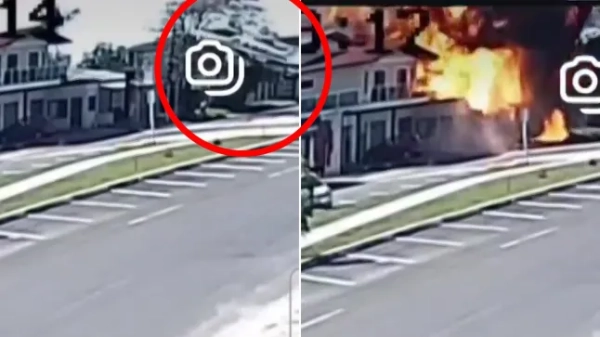 Комбіноване зображення, що показує момент падіння літака на будівлю ресторану в Бразилії.