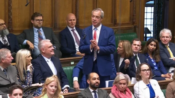 Знімок екрана лідера партії «Реформістська британська партія» Найджела Фараджа під час сесії «Запитання до прем’єр-міністра» у Палаті громад, Лондон. (Фото: Палата громад/Парламент Великої Британії/PA Wire)