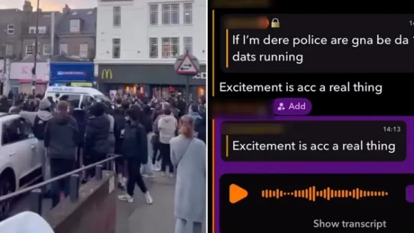 (Ліворуч) Підлітки атакують Клепхема та (праворуч) скріншоти повідомлень у соціальних мережах.