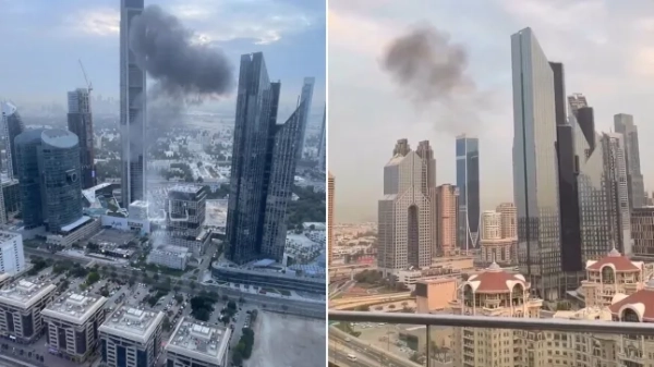 Два фото диму з Міжнародного фінансового центру в Дубаї після удару дрона