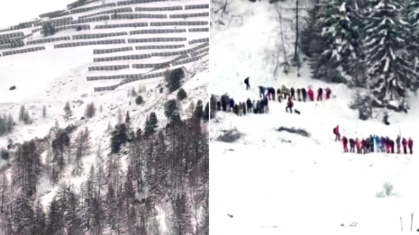 Знімки екрана з відео, на якому видно людей, які копають сніг у Санкт-Антоні, Австрія, після лавини, та вид на схил гори після лавини.