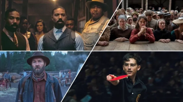 За годинниковою стрілкою зверху зліва: Майкл Б. Джордан у ролі близнюків Смоука та Стека у фільмі «Грішники», Джессі Баклі у ролі Агнес у фільмі «Гамнет», Тімоті Шаламе у ролі Марті з битою для пінг-понгу та вказівним пальцем у фільмі «Марті Супрем», Джоел Еджертон у ролі Роберта Грейнєра на складі пиломатеріалів у фільмі «Поїзд мрій».